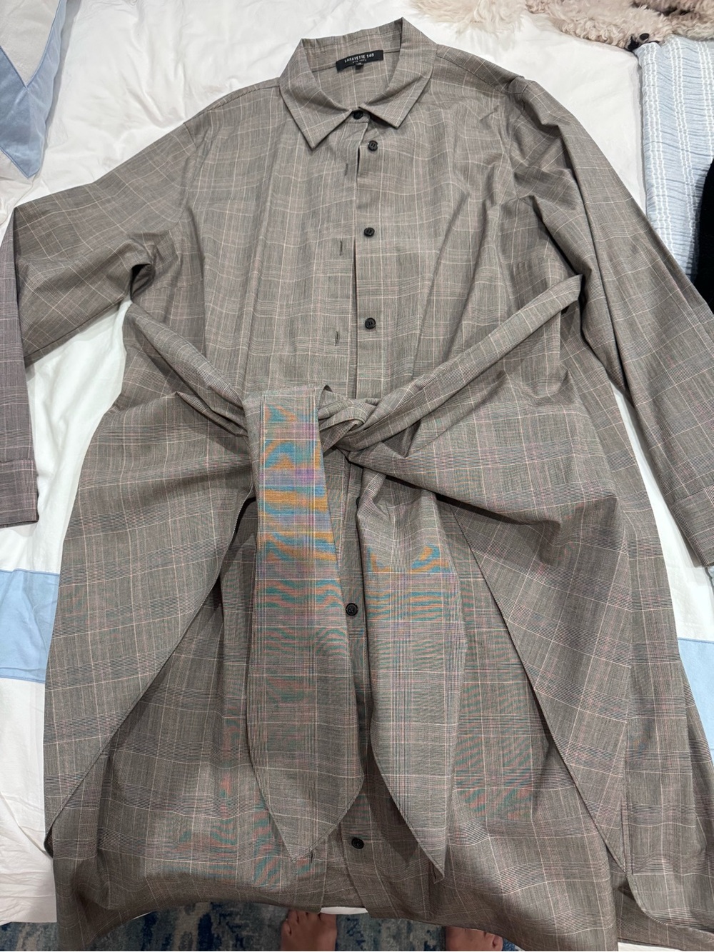 Lafayette 148 tie front plaid shirt dress 16